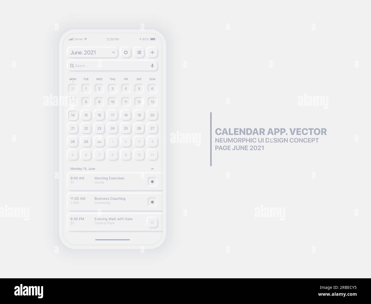 Calendar Mobile App Page June 2021 Year With Task Manager Conceptual UI UX Neumorphic Design