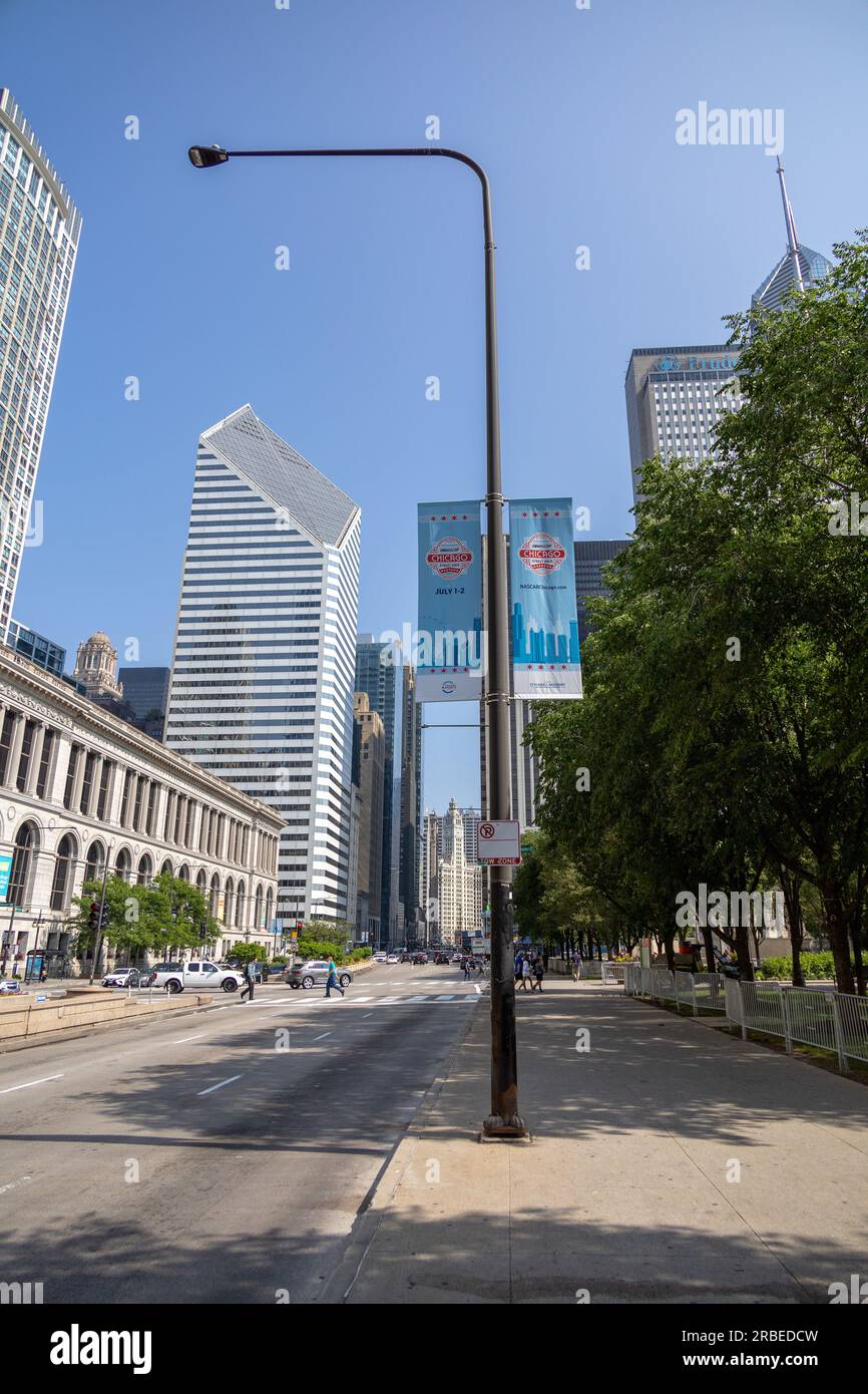 Lamp Post Flags Advertising Nascar Chicago Street Race On South Michigan Ave Chicago USA July 1-2 2023 Stock Photo