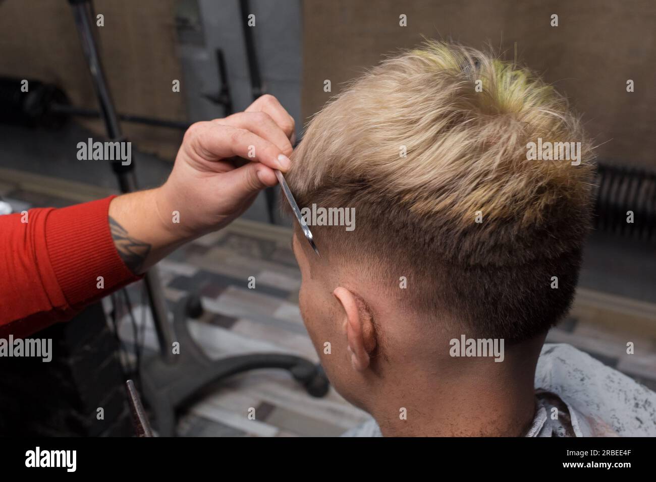 The hand of a male salon worker combs a client's hair during a haircut at work in a hairdresser. Stock Photo