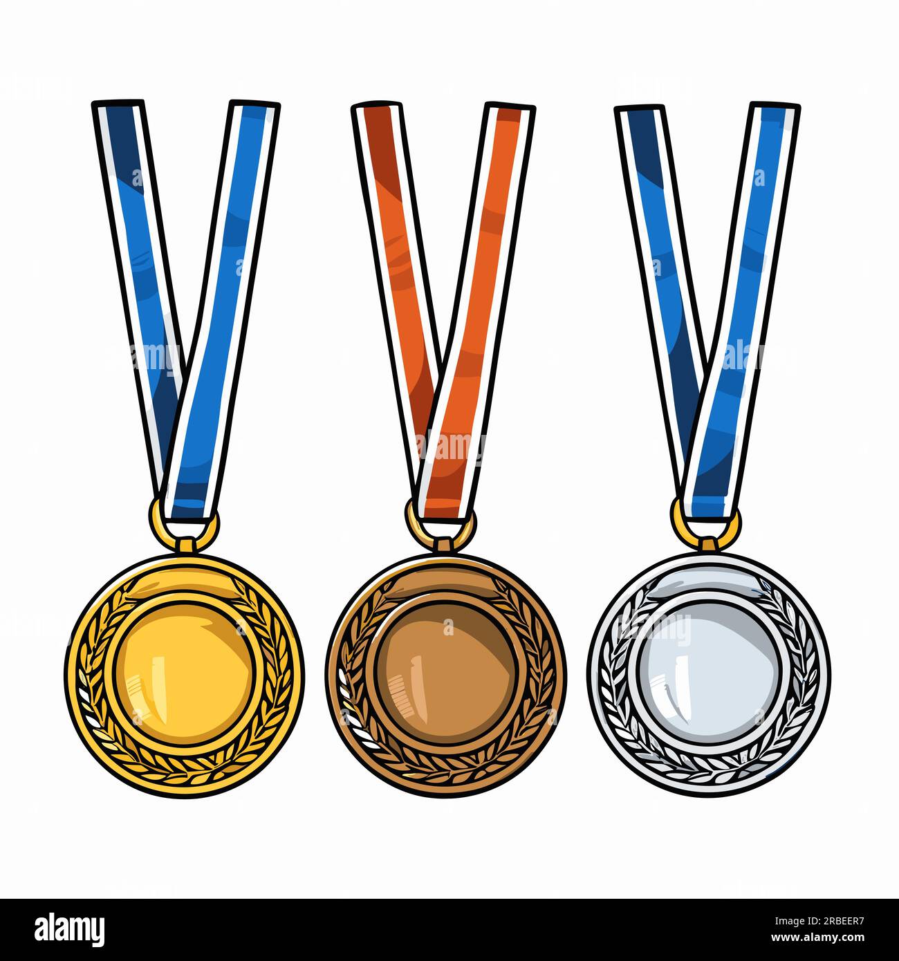 Medals. Golden silver bronze madal handdrawn comic illustration. Vector doodle style cartoon