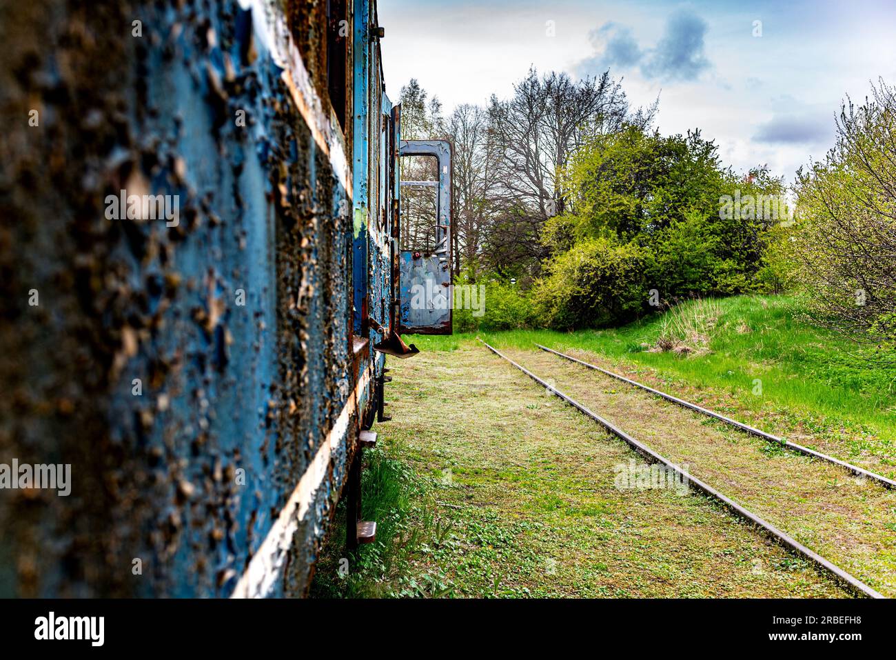 Perpective shot of old passenger electric multiple train wagon, very shallow depth of field Stock Photo