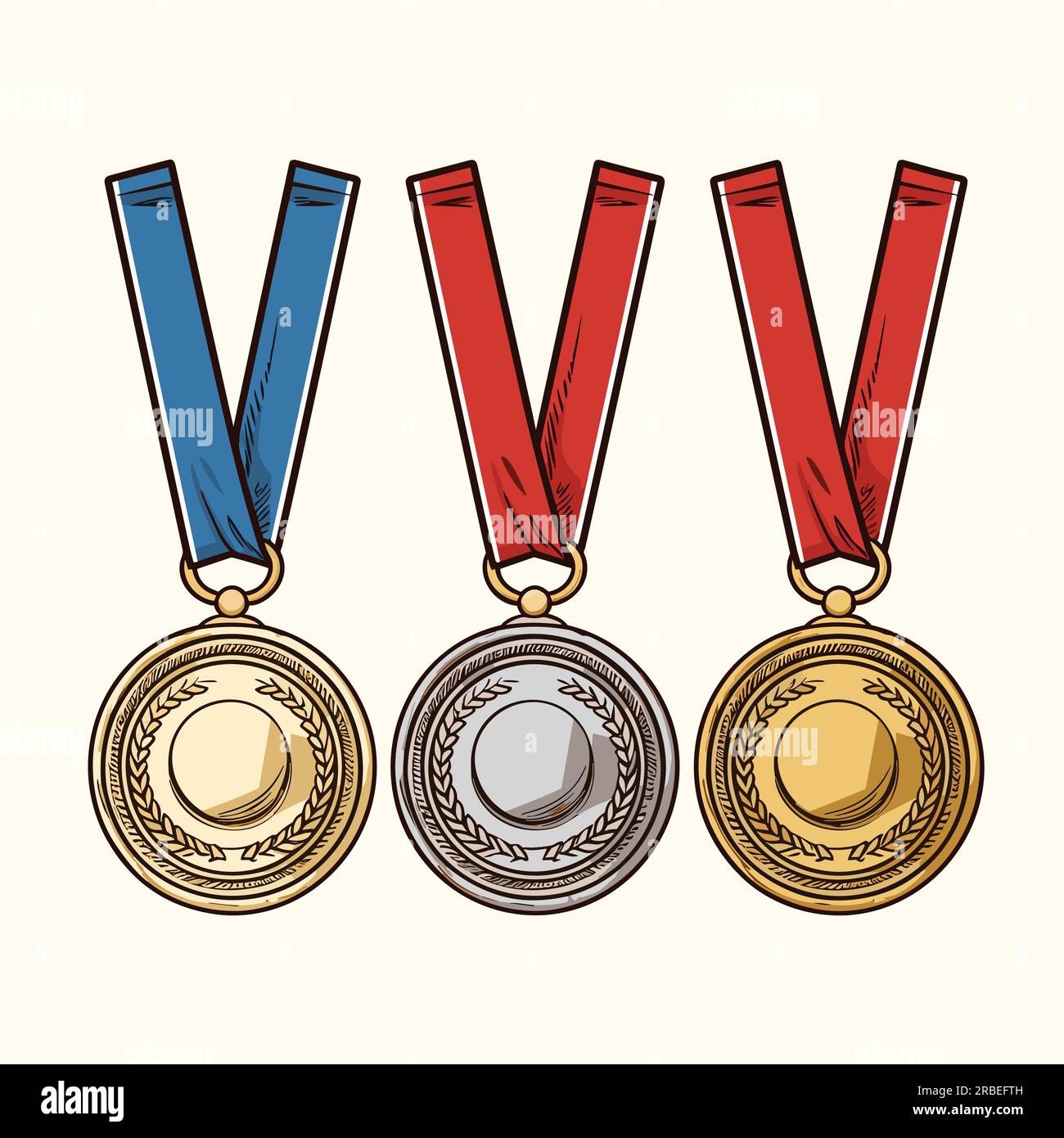 Medals. Golden silver bronze madal handdrawn comic illustration. Vector doodle style cartoon
