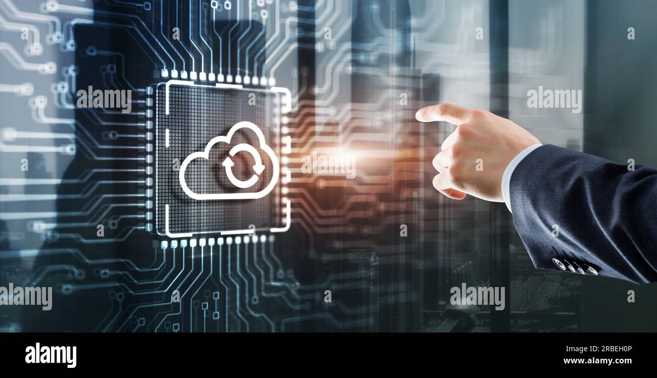 Cloud computing concept. Businessman clicking on virtual screen. Connect to cloud. Cloud computing icon. Stock Photo