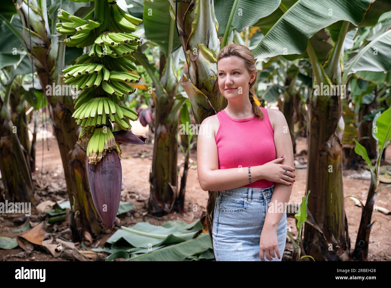Young Caucasian woman smiling gently and enjoying the nature surrounding her, a banana plantation with lots of healthy trees and clusters of bananas Stock Photo