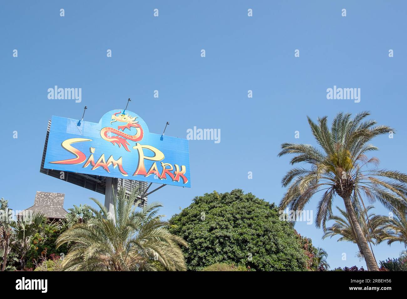 Sign of the renowned water park known for its unique Thai-inspired theme beloved by tourists for a large variety of activities, Siam Park, Tenerife Stock Photo