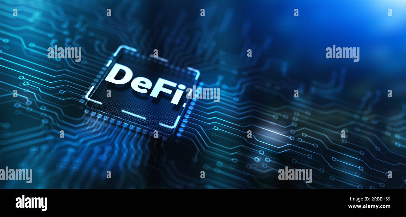 DeFi Decentralized Finance. Technology blockchain cryptocurrency concept on Server Room background. Stock Photo