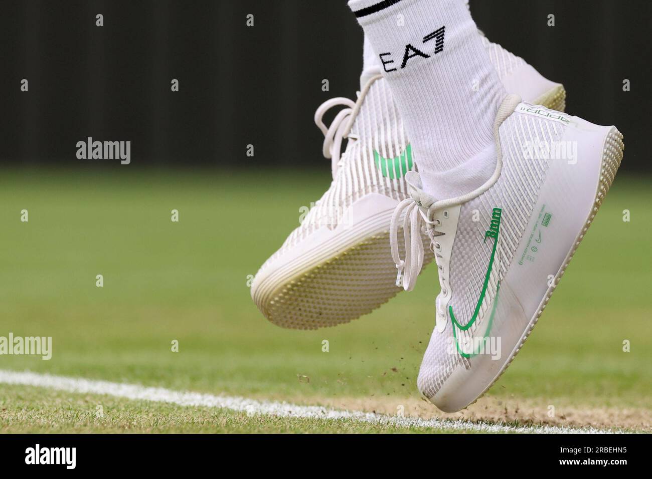 London, UK. 9th July 2023. 9th July 2023; All England Lawn Tennis and Croquet Club, London, England: Wimbledon Tennis Tournament; Detailed view of the shoes worn by Alexander Bublik during his match with Andrey Rublev Credit: Action Plus Sports Images/Alamy Live News Stock Photo