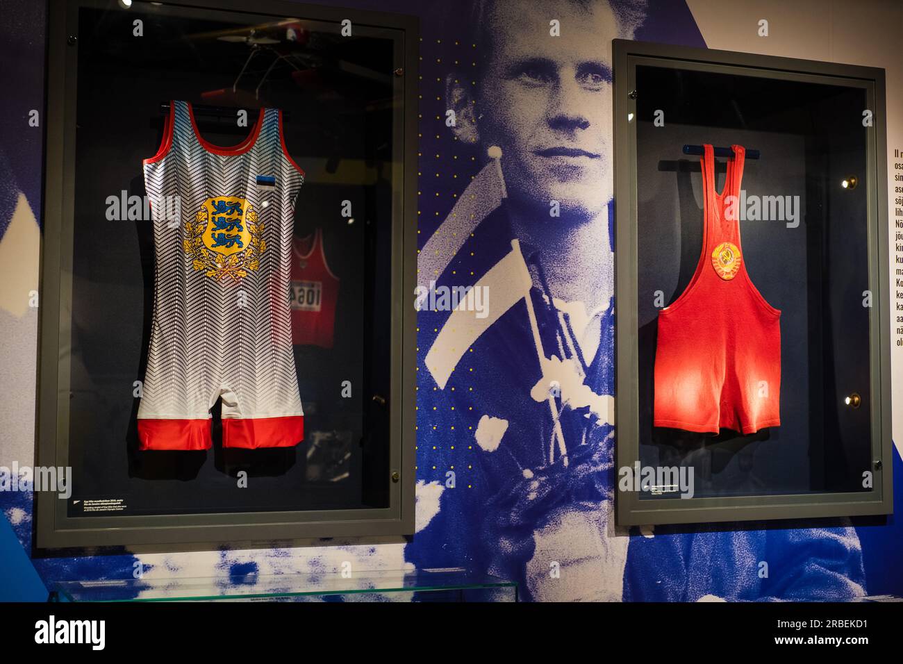 Tartu, Estonia - June 11, 2023: Wrestling singlets of Epp Mäe from 2016 Rio de Janeiro Olympic games and Johannes Kotkas, Olympic Champion 1952, Stock Photo