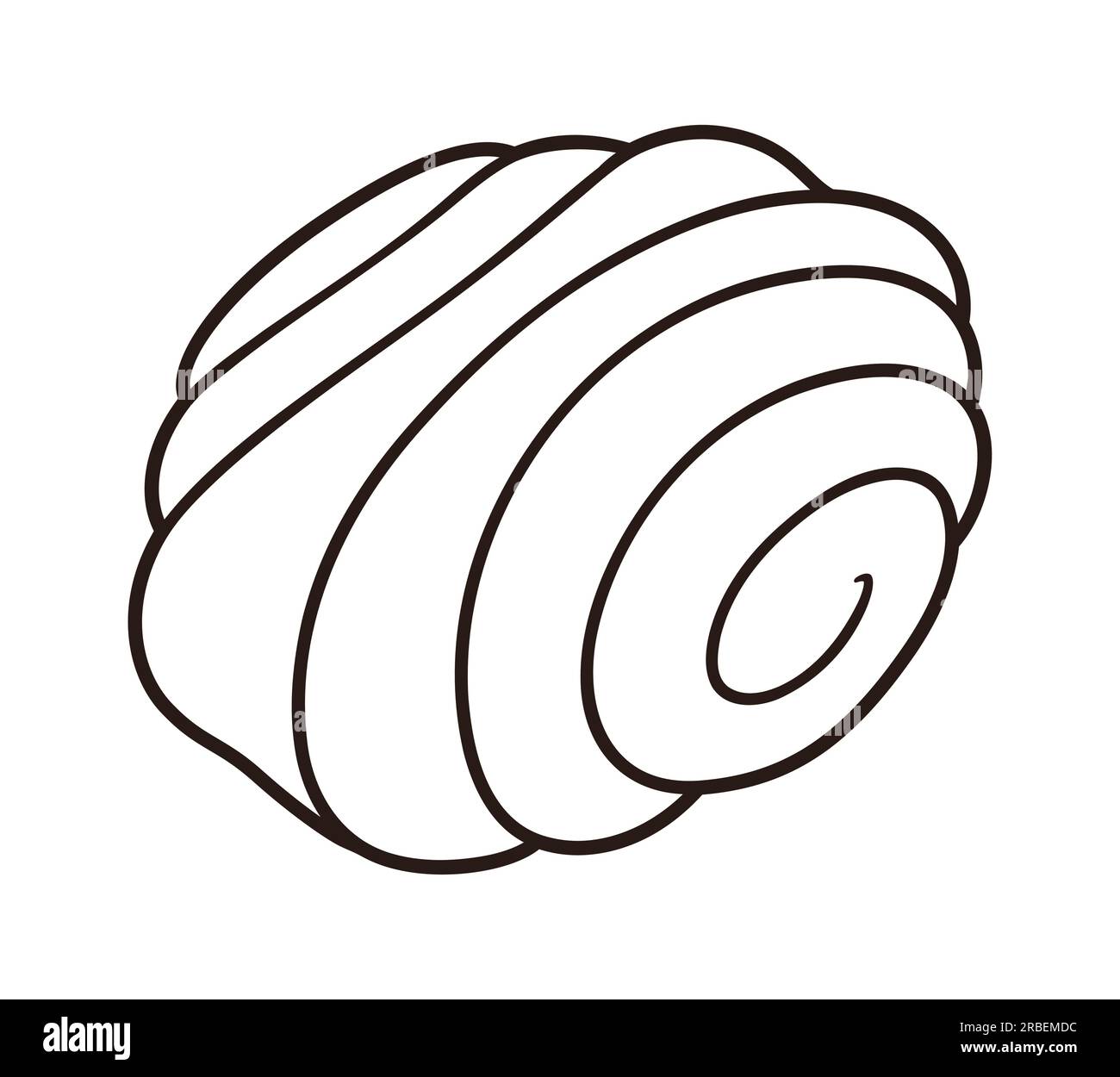 Sweet pastry roll, cartoon drawing, black and white line art. Spiral shaped puff pastry bun. Vector clip art illustration. Stock Vector