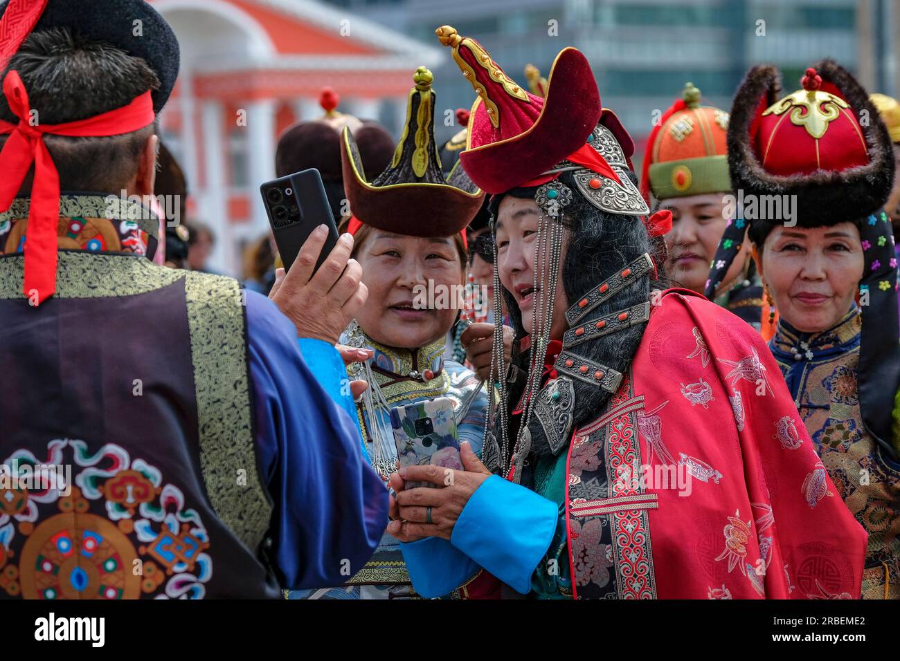 Ulaanbaatar, Mongolia - July 8, 2023: Mongolian women in traditional