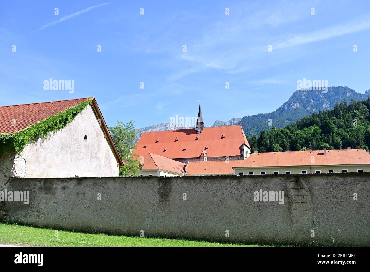 Neuberg, Styria, Austria. June 30, 2023. Former abbey of the Cistercian Order Neuberg upon the river Murz Stock Photo