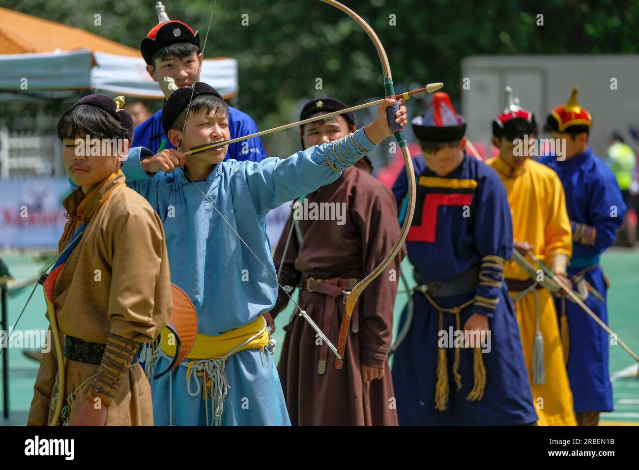 Ulaanbaatar, Mongolia - July 9, 2023: Young archers at the Nadaam ...