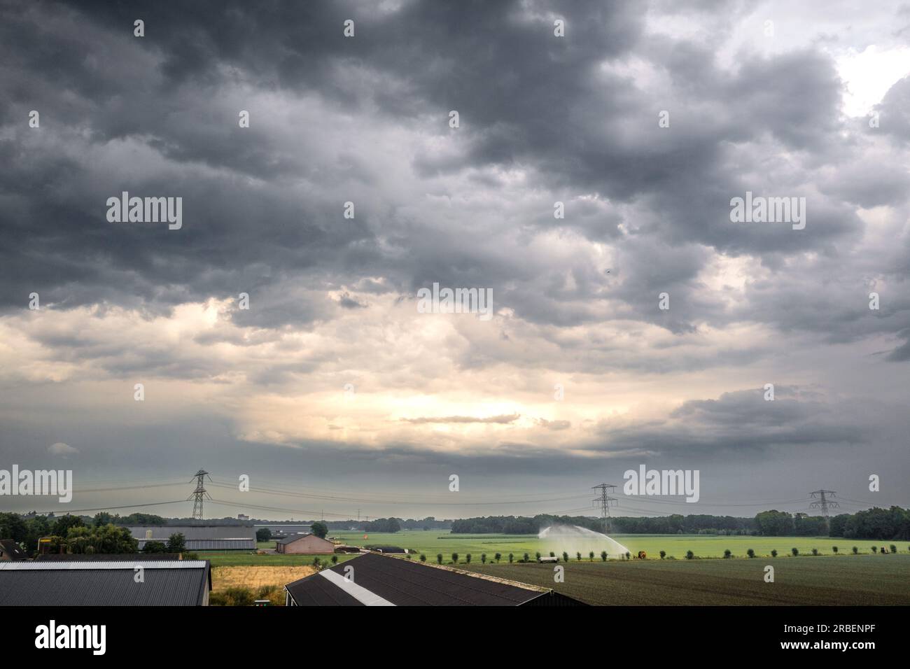 SOMEREN - A drone photo of an approaching thunderstorm in Someren. After the tropical heat of the weekend, the KNMI has declared code orange for extreme weather conditions again. ANP ROB ENGELAAR netherlands out - belgium out Stock Photo