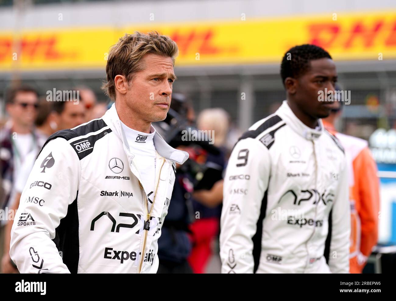 Brad Pitt and Damson Idris filming for a formula one movie during the