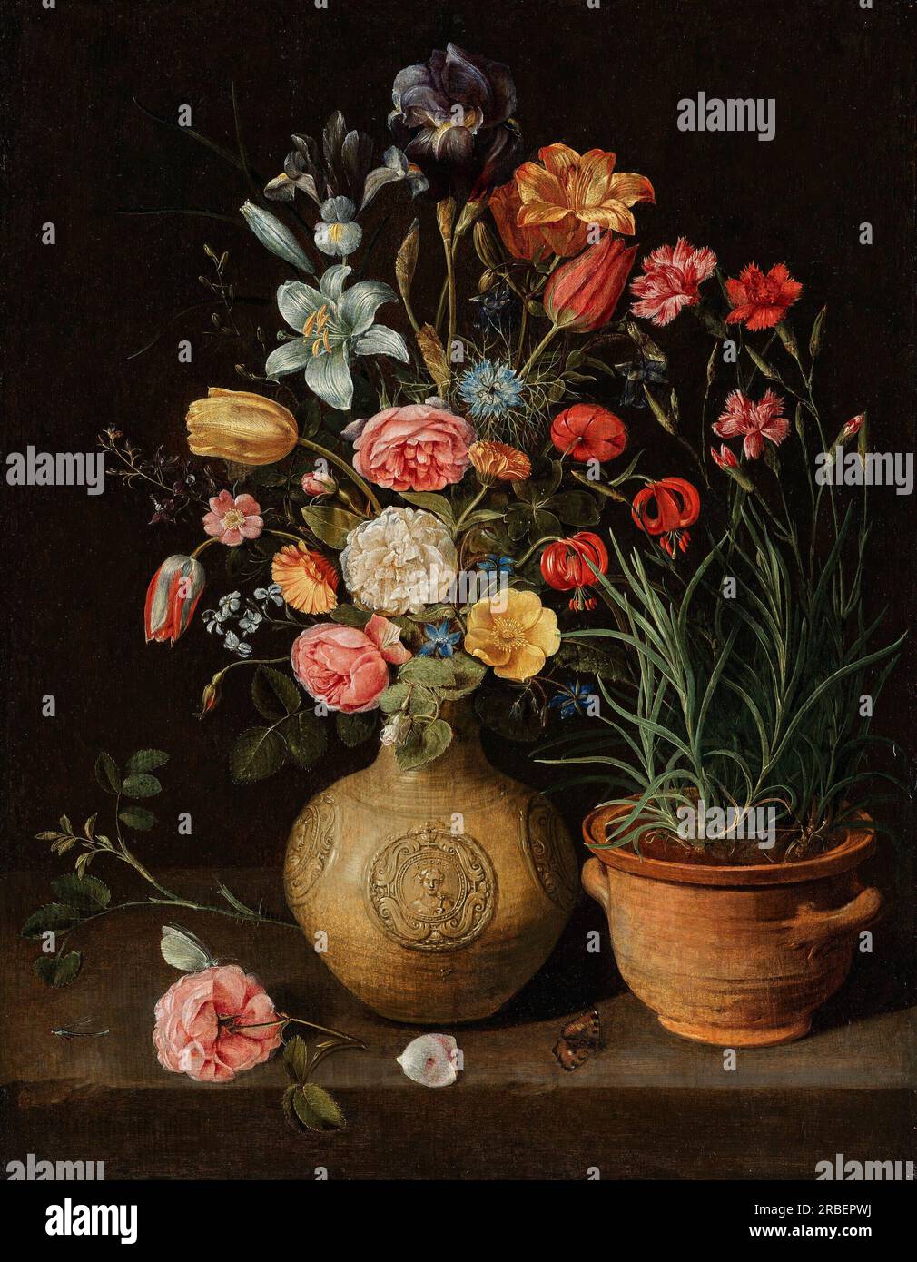 Roses, Lilies, An Iris and Other Flowers in An Earthenware Vase, with a