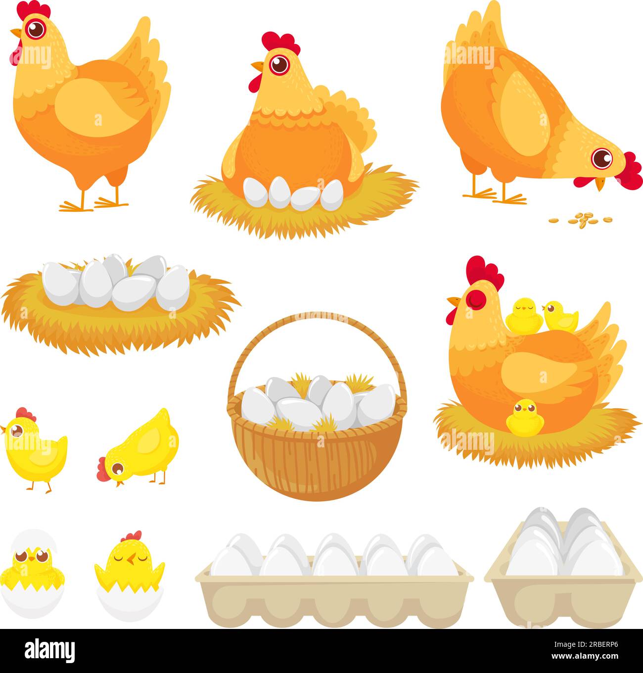 Chicken eggs. Hen farm egg, nest and tray of chickens eggs. Chick child, hens character easter mascot and egg box. Cartoon vector illustration isolate Stock Vector