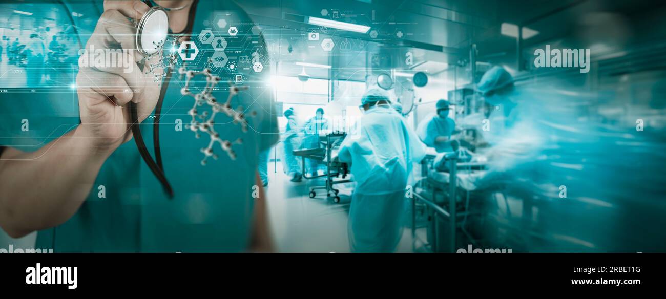 Medicine doctor using electronic medical record live streaming. DNA