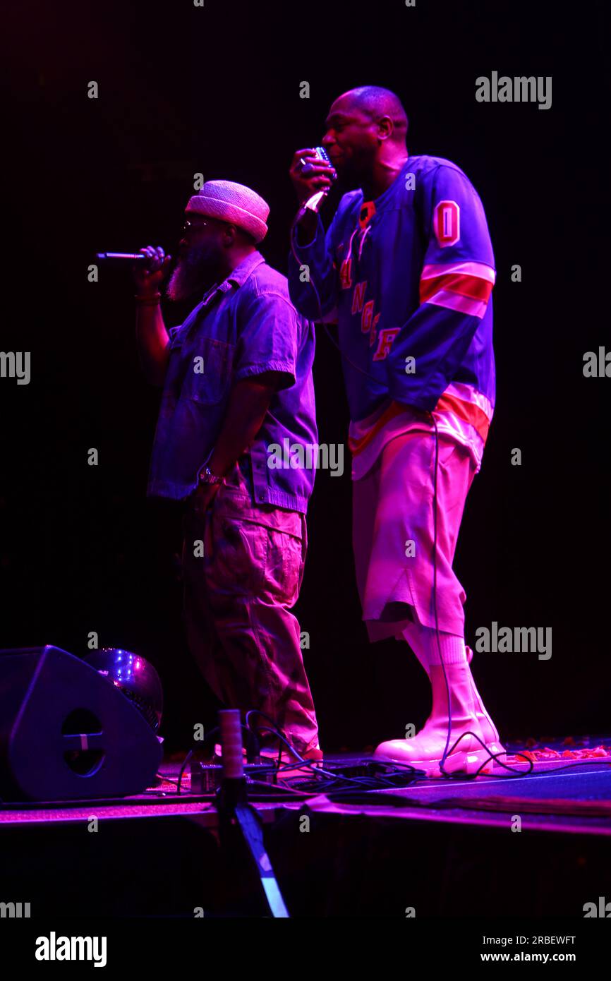 New York, NY, USA. 8th July, 2023. Yasiin Bey and Talib Kweli pictured  during the ÔUnfollow MeÕ Tour with Erykah Badu and Yasiin Bey come to  Madison Garden with featured guest Black