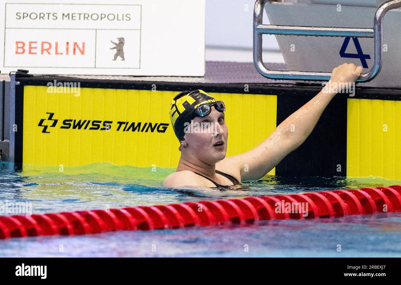 09 July 2023, Berlin: Swimming: German championship, decision: 800 m freestyle, women. Leonie Märtens wins. Photo: Christophe Gateau/dpa Stock Photo