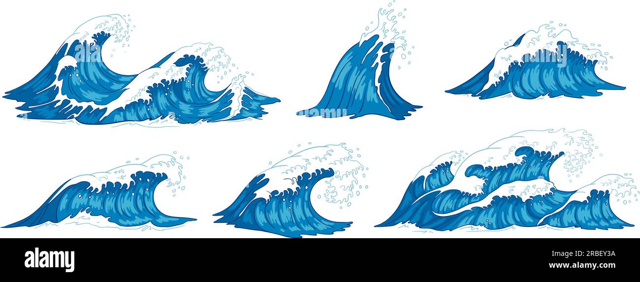 Ocean waves. Raging sea water wave, vintage storm waves and ripples tides hand drawn. Tsunami wave, ocean tide or marine surfing splash. Vector illust Stock Vector