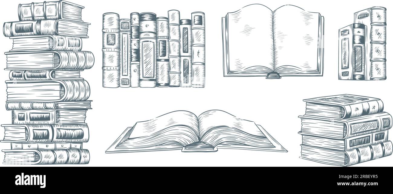 Hand drawing books. Drawn sketch of literature. School or college students library book