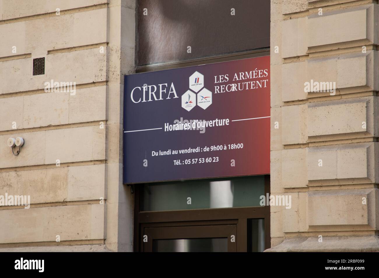 Bordeaux , France - 07 01 2023 : CIRFA logo brand and text sign french Armed Forces Information and Recruitment Center sign on entrance office facade Stock Photo