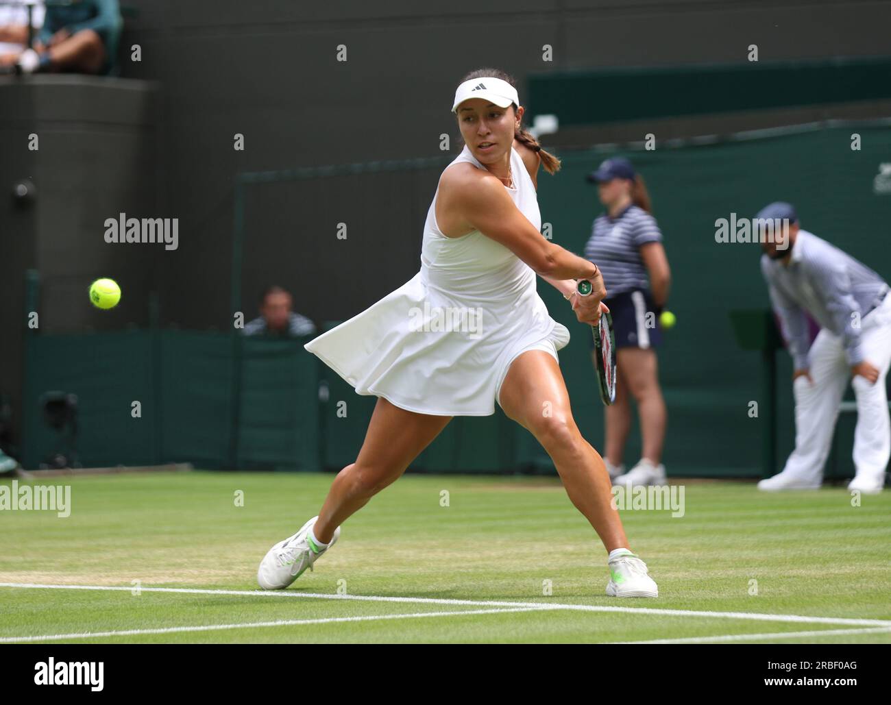 London, UK. 09th July, 2023. American Jessica Pegula plays a backhand in her match against