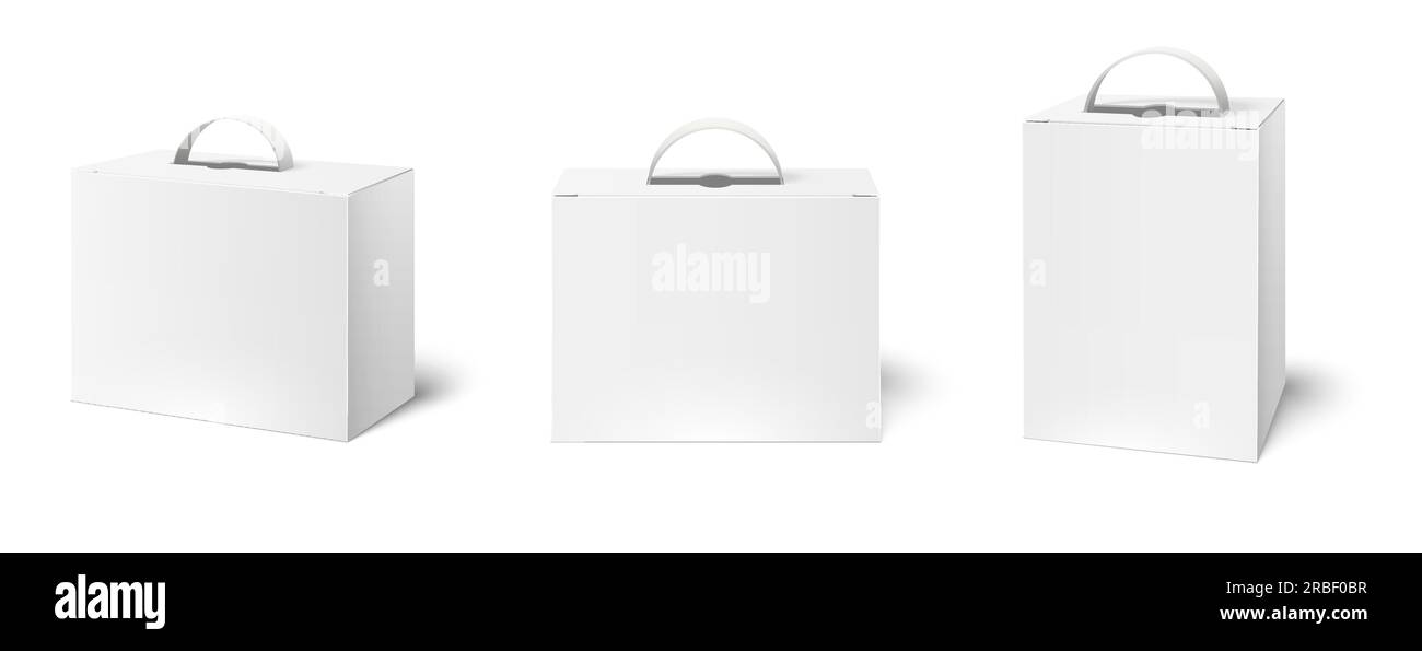 Box case with handle. Package boxes mockup, blank white packaging handles and cardboard product
