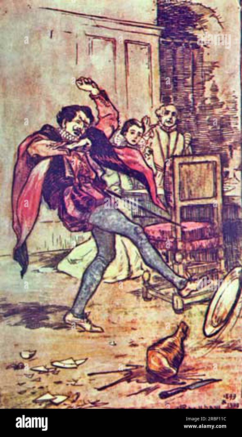 Petruchio, pretending to find Fault with every Dish, threw the Meat about the Floor by Arthur Rackham Stock Photo