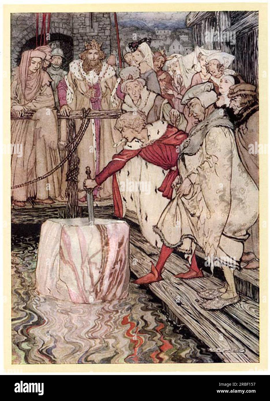 Galahad draws the sword from the floating stone by Arthur Rackham Stock