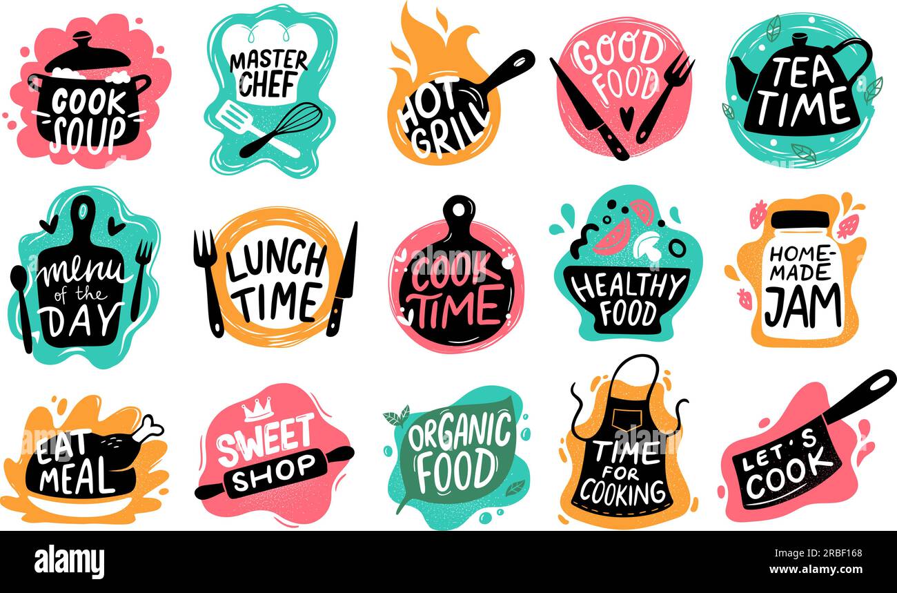 Cooking food lettering. Kitchen badge logos, baking foods typography