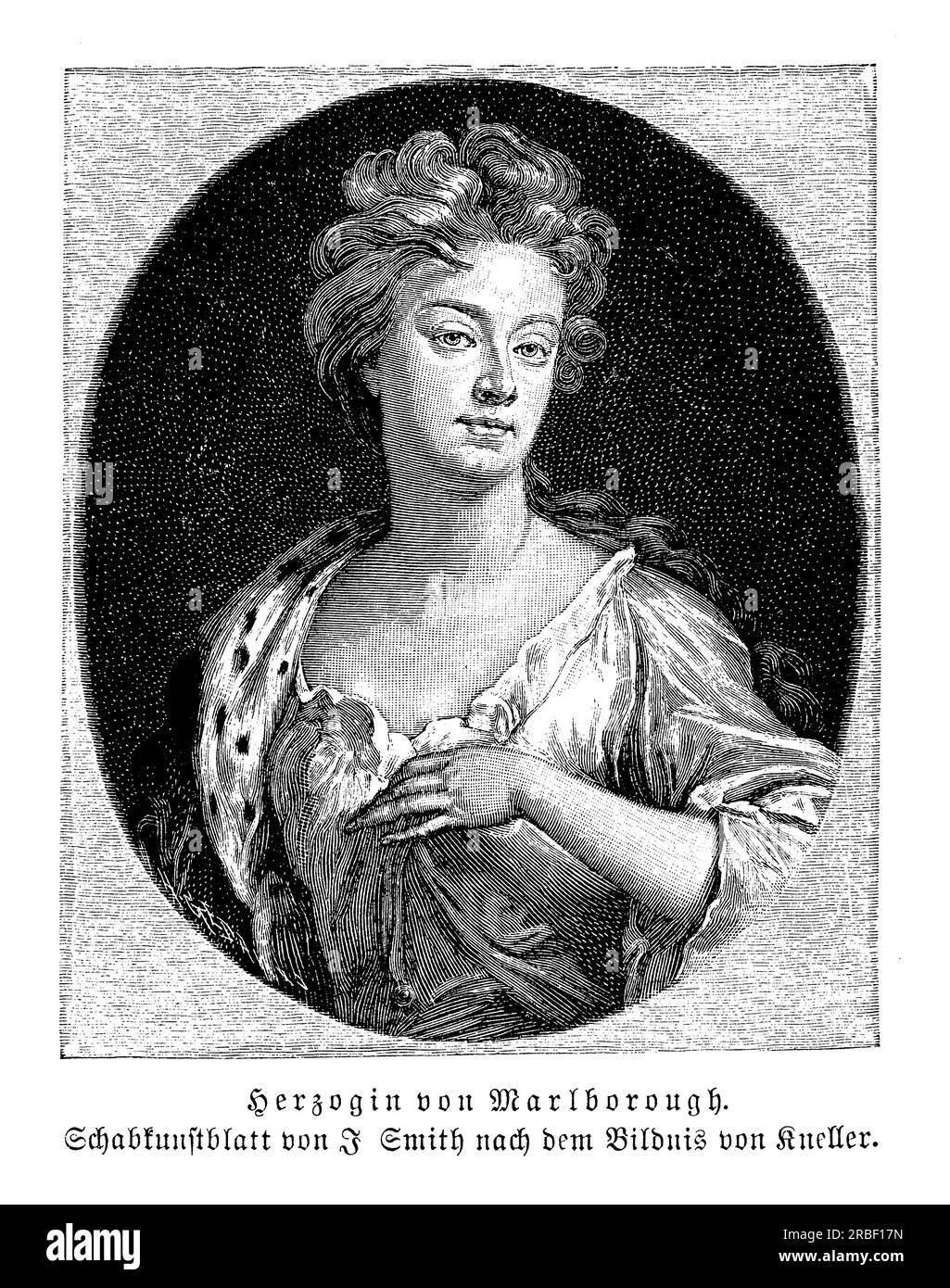 The Duchess of Marlborough, Sarah Churchill, was the wife of John Churchill, 1st Duke of Marlborough, and a prominent figure in British society during the early 18th century. She was known for her close friendship with Queen Anne, who appointed her as the Keeper of the Privy Purse and the Groom of the Stole. Sarah was also a shrewd political operator and played a key role in her husband's career, helping him to secure military commissions and political appointments. Despite her many accomplishments, Sarah was a controversial figure, and she faced criticism from political opponents and personal Stock Photo