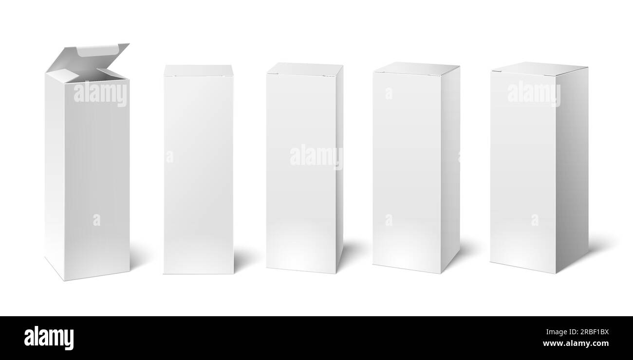 High white cardboard box mockup. Set of realistic vertical tall