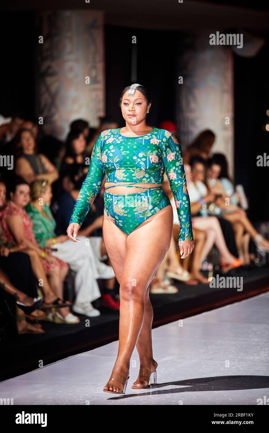 Miami Beach, USA. 09th July, 2023. MIAMI BEACH, FLORIDA - A model walks the runway for the Miami Swim Fashion Show presented by SWANA The Label during Miami Swim Week at SLS Hotel on July 08, 2023. Credit: Yaroslav Sabitov/YES Market Media/Alamy Live News. Stock Photo