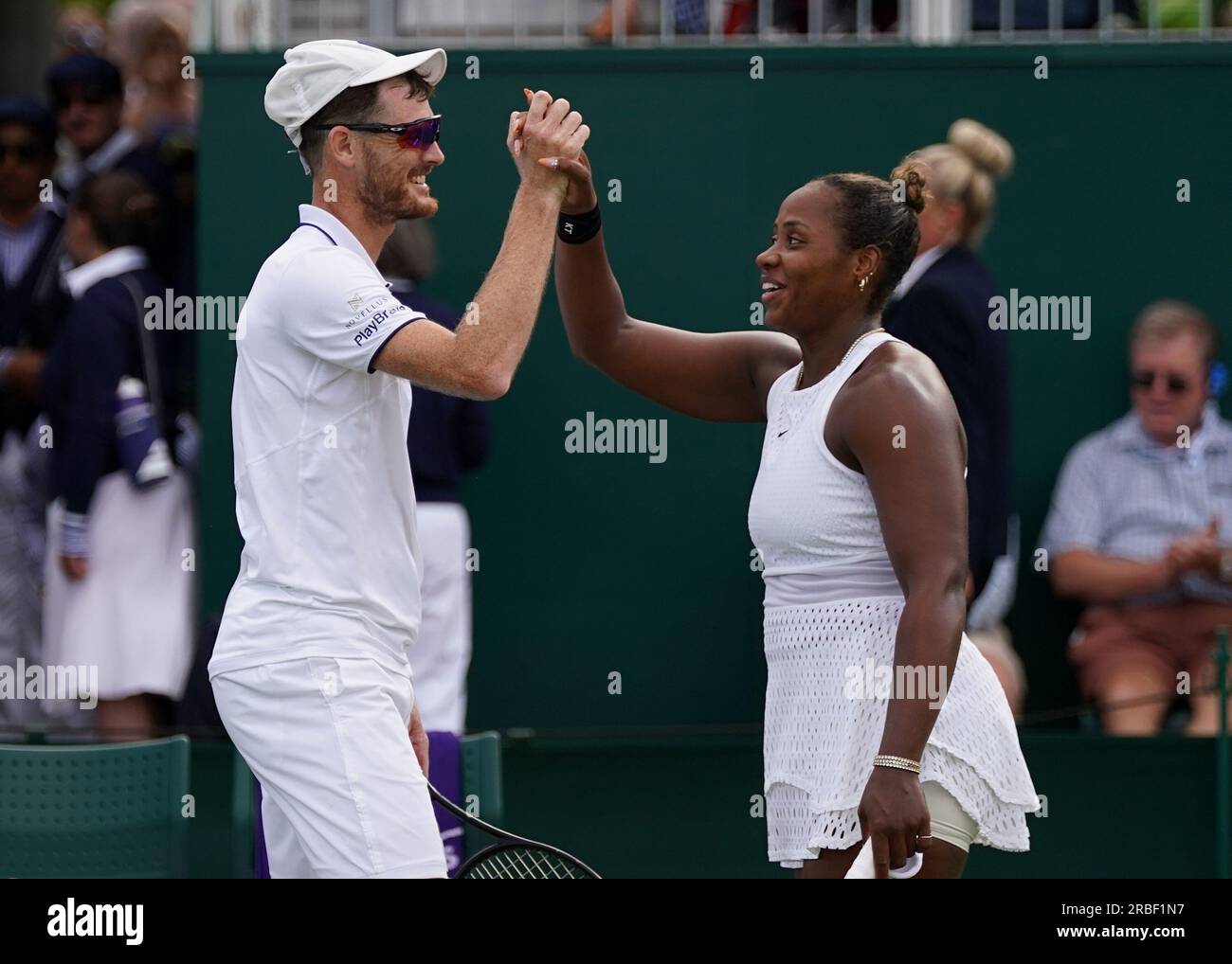 Jamie Murray (left) and Taylor Townsend during their mixed doubles match against Jan Zielinski and Nicole Melichar-Martinez (not pictured) on day seven of the 2023 Wimbledon Championships at the All England Lawn Tennis and Croquet Club in Wimbledon. Picture date: Sunday July 9, 2023. Stock Photo