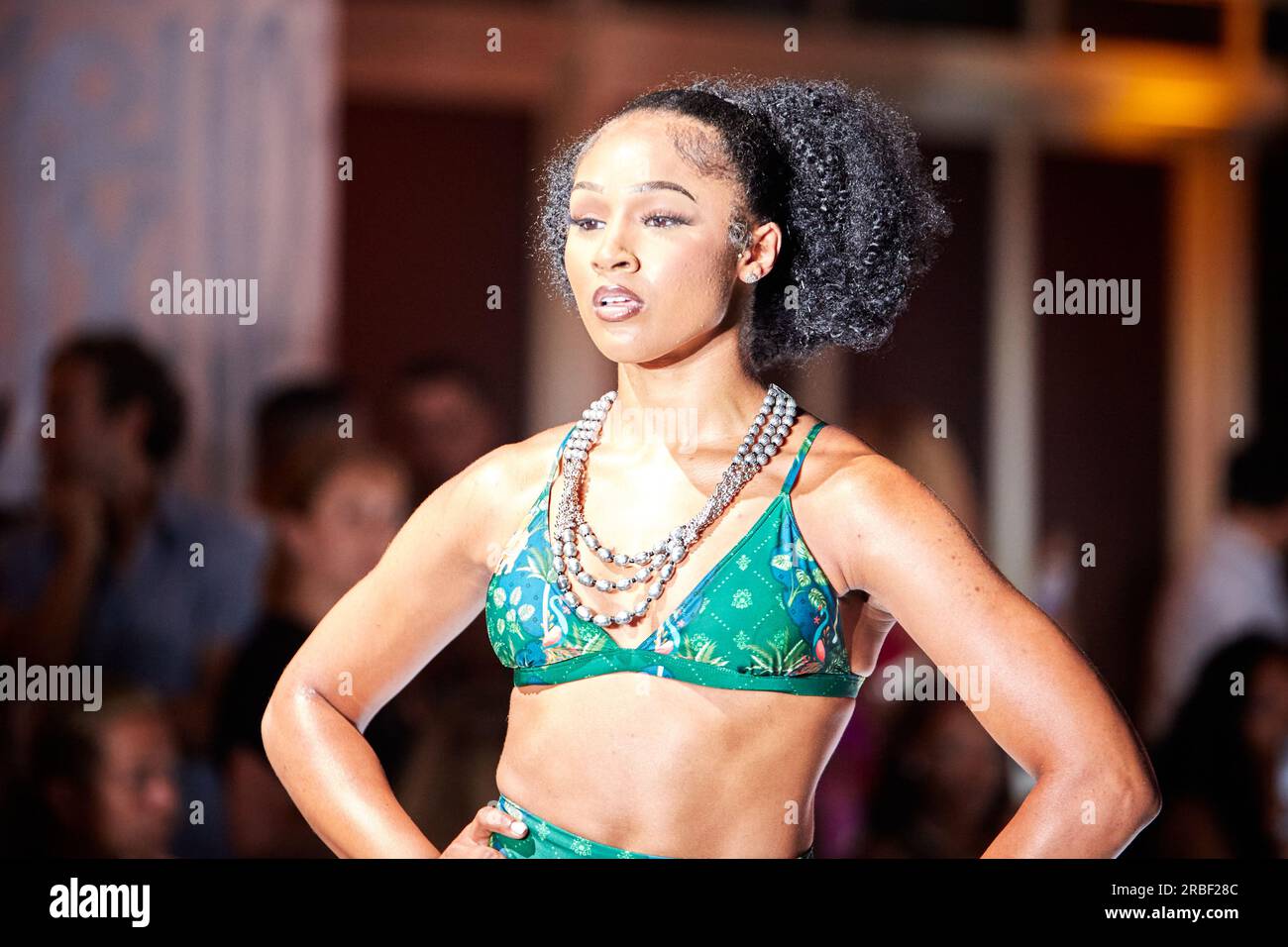 Miami Beach, USA. 09th July, 2023. MIAMI BEACH, FLORIDA - A model walks the runway for the Miami Swim Fashion Show presented by SWANA The Label during Miami Swim Week at SLS Hotel on July 08, 2023. Credit: Yaroslav Sabitov/YES Market Media/Alamy Live News. Stock Photo