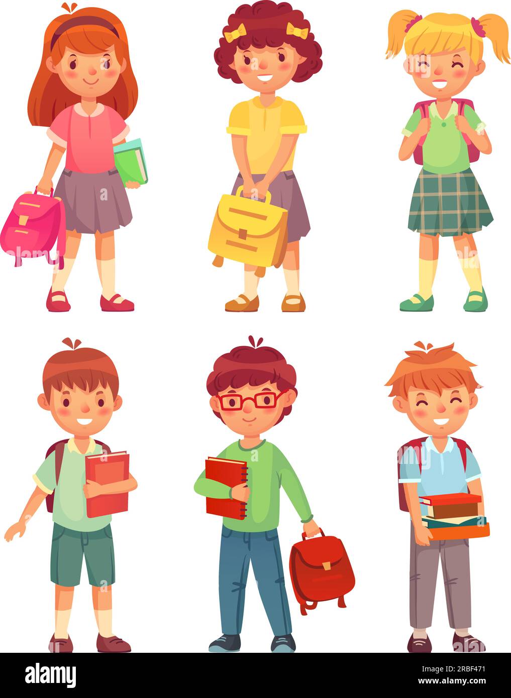 Primary school kids. Cartoon children pupils with backpack and books in