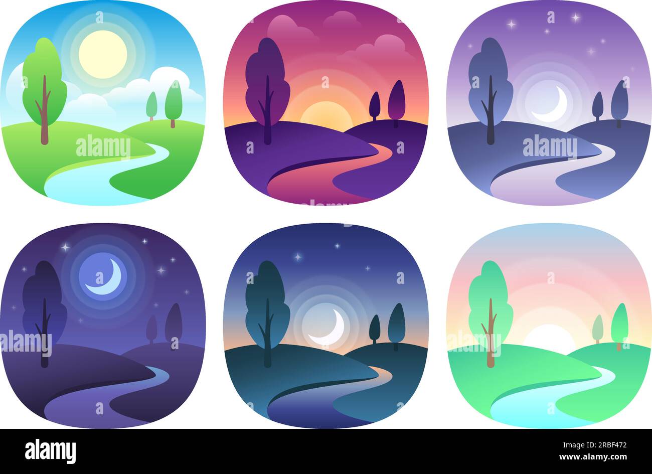 Modern beautiful landscape with gradients. Sunrise, dawn, morning, day, noon, sunset, dusk and night icon. Sun time vector icons set. Nature landscape Stock Vector