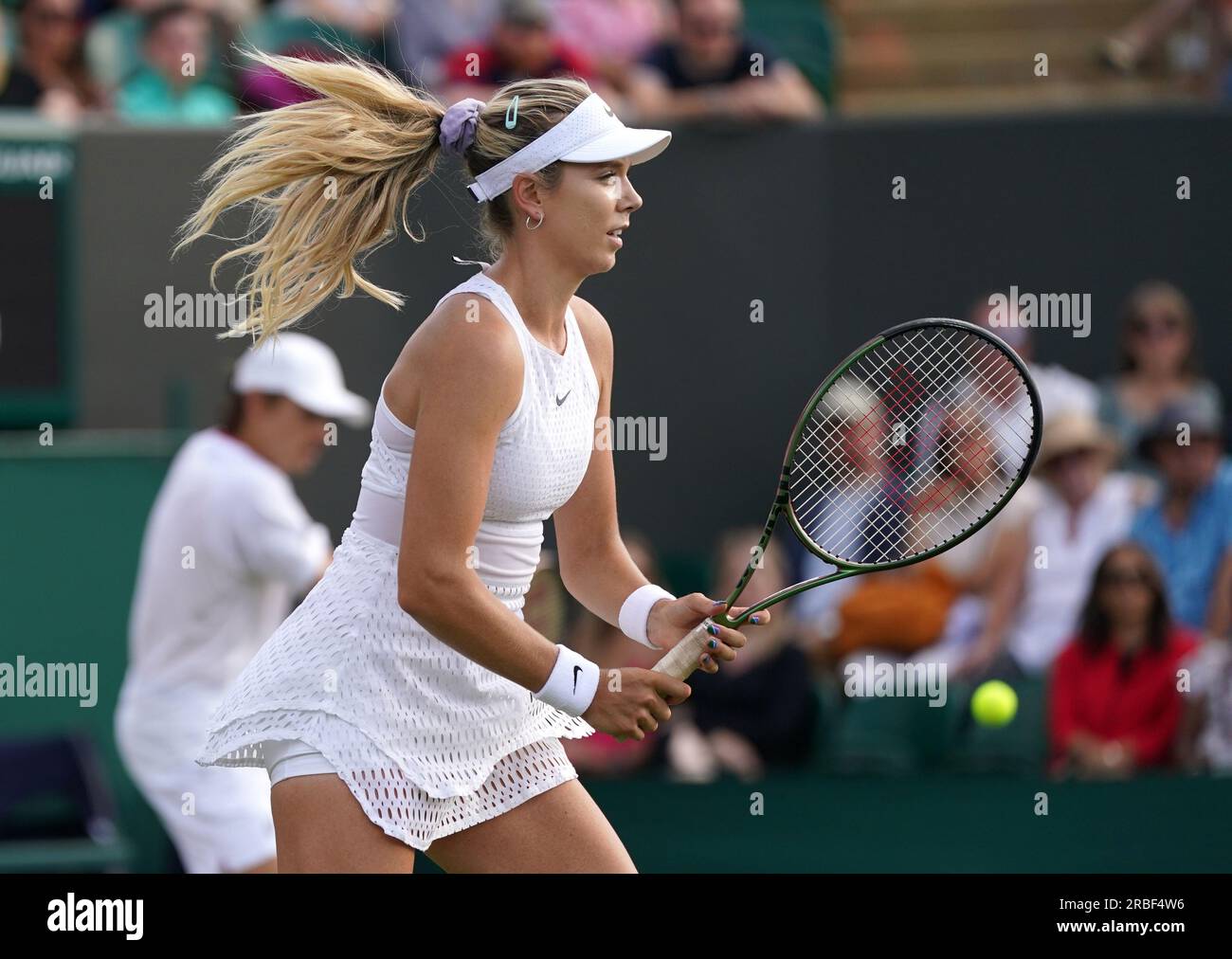 Katie Boulter in action during her mixed doubles match with Alex De