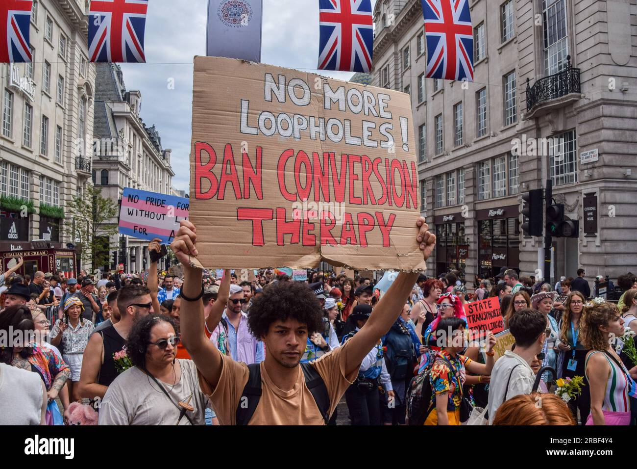 London, UK. 8th July 2023. Thousands of people march through central London during Trans Pride 2023. Stock Photo