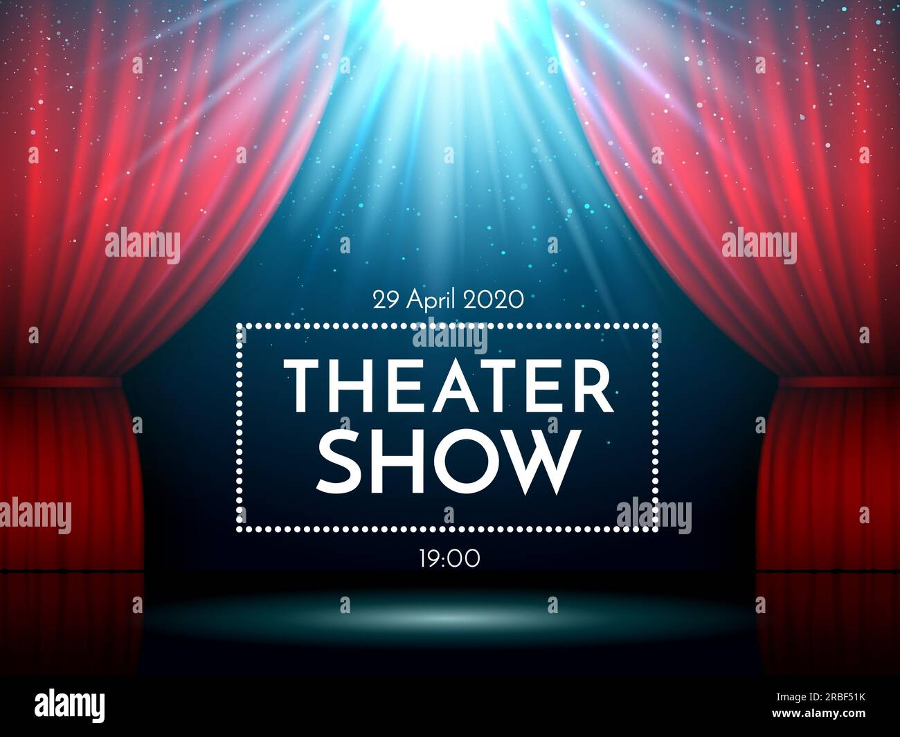 Open red curtains on stage illuminated by spotlight. Dramatic theater