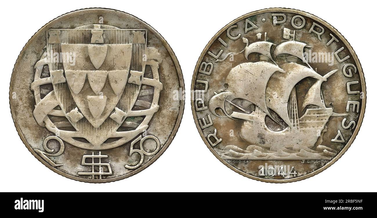 Photo coins Portugal, 1944, 2.5 escudos, sailboat Stock Photo