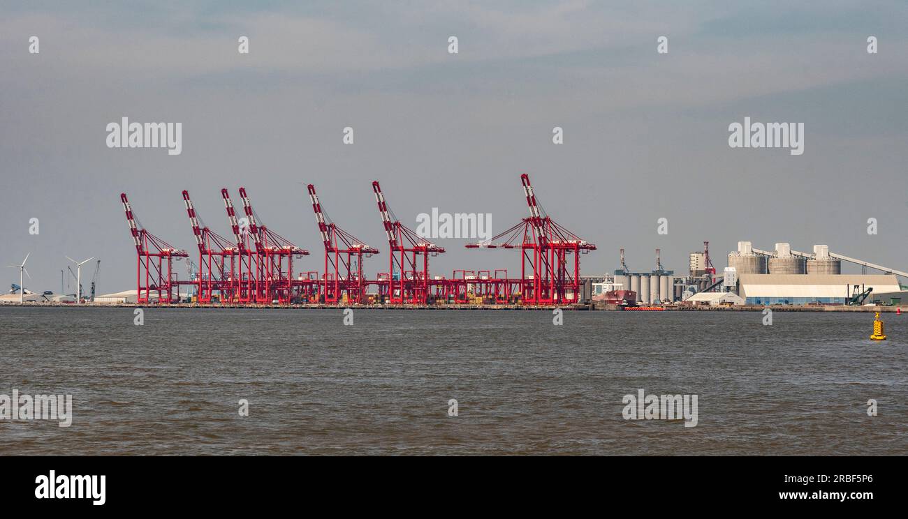 Liverpool, England, UK. 8 June 2023.  Liverpool container port cranes and silos viewed across the River Mersey Stock Photo