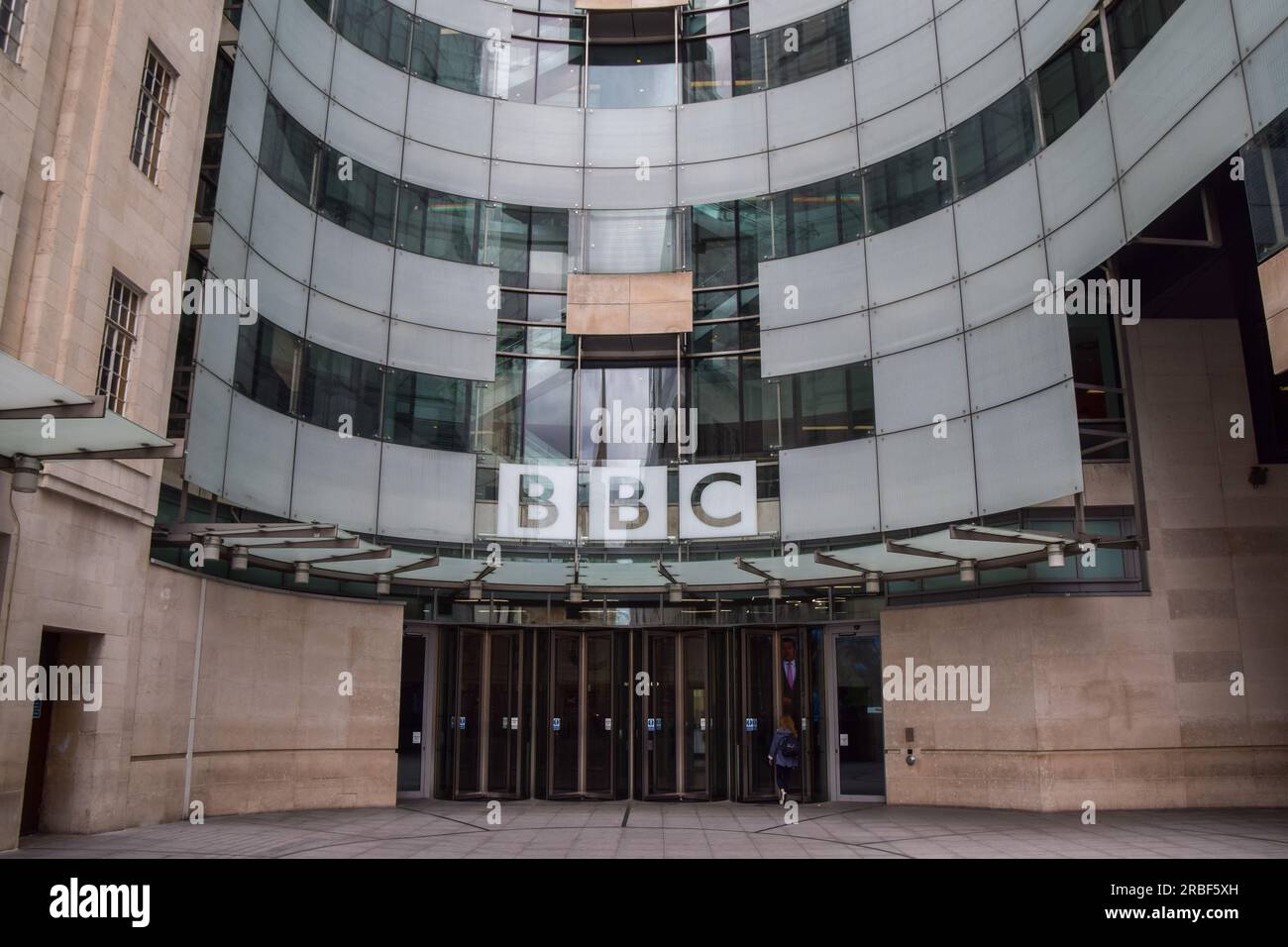 London, UK. 9th July 2023. Exterior view of the BBC headquarters in central London as the broadcaster suspends a male presenter who has been accused of paying a teenager for explicit images. Credit: Vuk Valcic/Alamy Live News Stock Photo