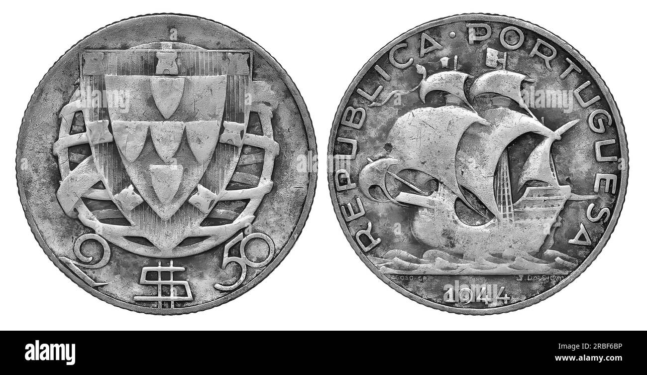 Photo coins Portugal, 1944, 2.5 escudos, sailboat Stock Photo