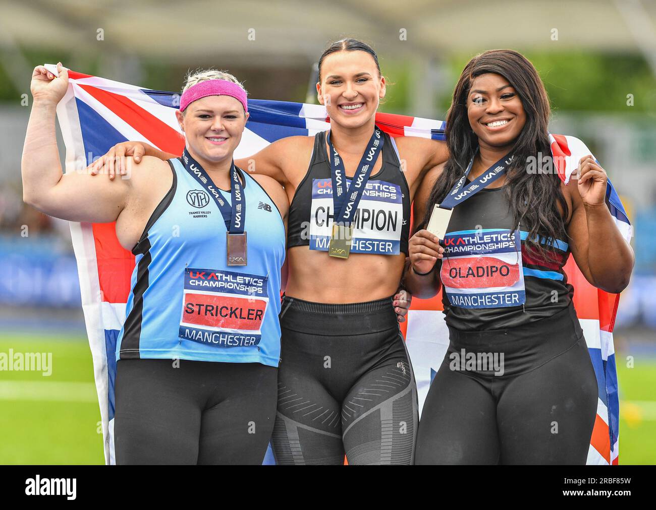 Manchester, UK. 9th July 2023; Manchester Regional Arena, Manchester, Lancashire, England; 2023 Muller UK Athletics Championships Manchester; Adele Nicoll wins the Shot Put with Amelia Strickler in second and Divine Oladipo in third Credit: Action Plus Sports Images/Alamy Live News Stock Photo