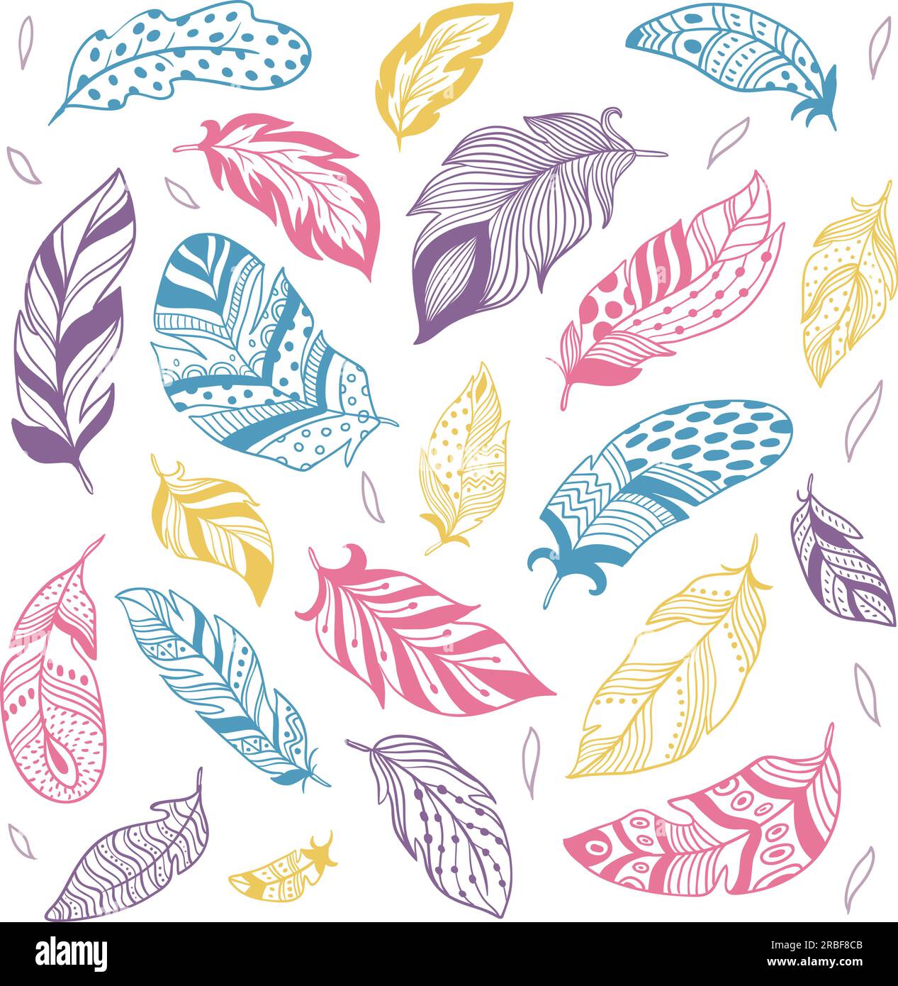 Tribal feathers. Ethnic feather silhouette, birds feathering and hand drawn pen or boho american