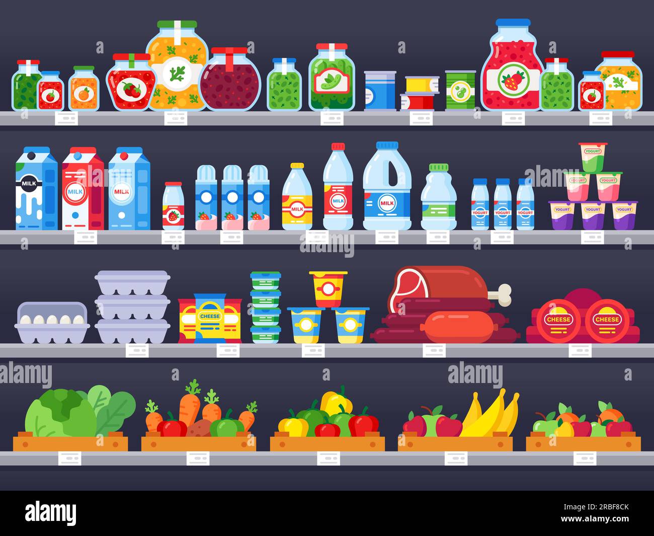 Food products on shop shelf. Supermarket shopping shelves, food store
