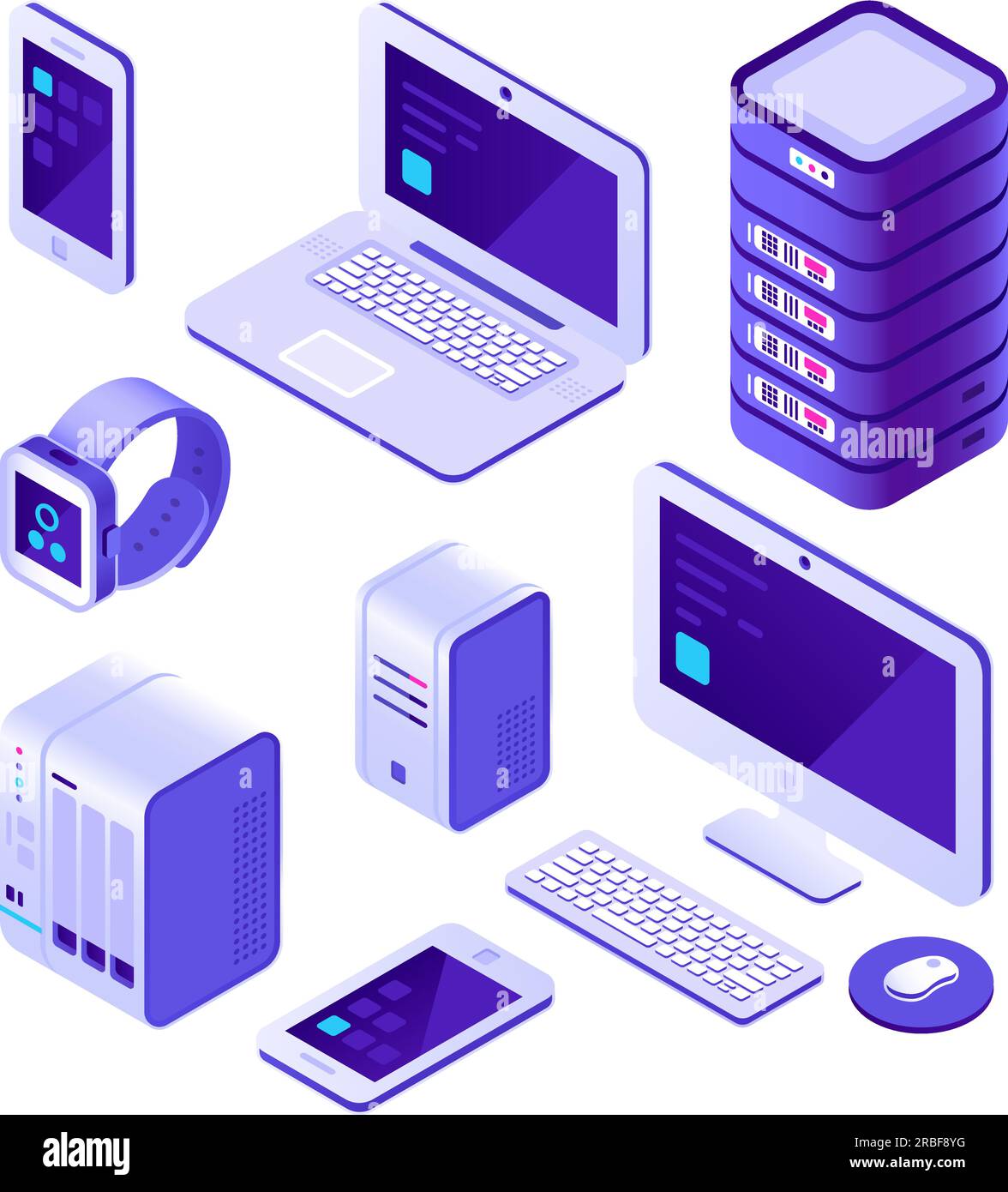 Mobile devices isometric set. computer, server and laptop, smartphone
