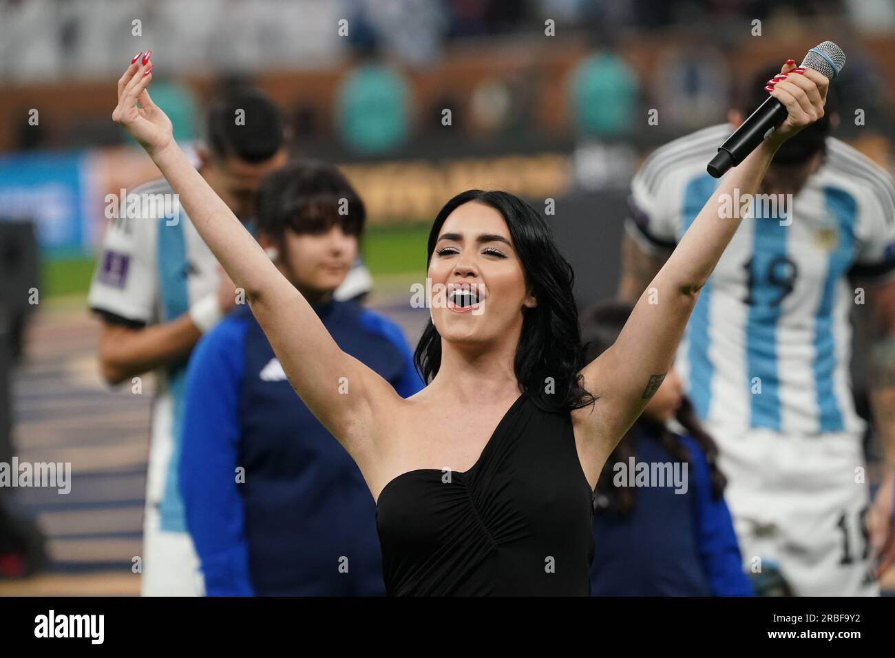 Lusail, Qatar, 18th. December 2022. Lali Esposito sing the Argentina National Song in the previa of the match between Argentina vs. France, Match 64, Stock Photo